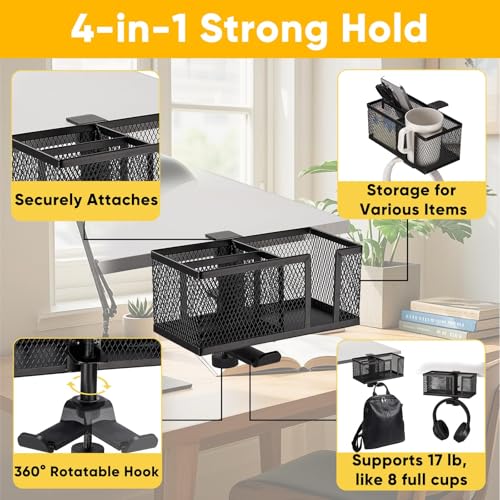 4 in 1 Metal Clip On Cup Holder Attachment for Gaming Desk or Table, Fits up to 40oz Cups, Sturdy and Easy to Clamp, Attachable Anti-Spill Cup Holder for Chair, Bedside, Bottles, Drinks - Black