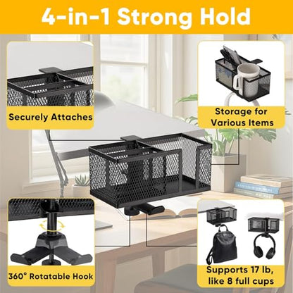 4 in 1 Metal Clip On Cup Holder Attachment for Gaming Desk or Table, Fits up to 40oz Cups, Sturdy and Easy to Clamp, Attachable Anti-Spill Cup Holder for Chair, Bedside, Bottles, Drinks - Black