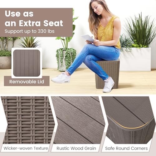Giantex 11.5 Gallon Deck Box, Outdoor Side Table with Removable Lid, Faux Wicker-Woven, 330Lbs Capacity, Outside Waterproof Storage Box, Resin Rattan Small Coffee Table for Patio Poolside (Brown)
