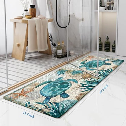 Extra Long Bath Rug, Blue Vintage Sea Turtle Decor Non Slip Bath Runner Rug with Rubber Backing, Thin Absorbent Quick Dry Bath Mats for Bathtub Bathroom Kitchen, 15.7x47.2 inch