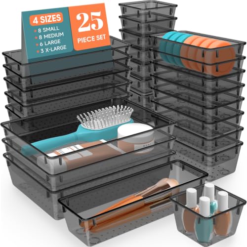 25 PCS Plastic Drawer Organizer, 4-Size Versatile... (25 Count | Clear Black | Polypropylene)