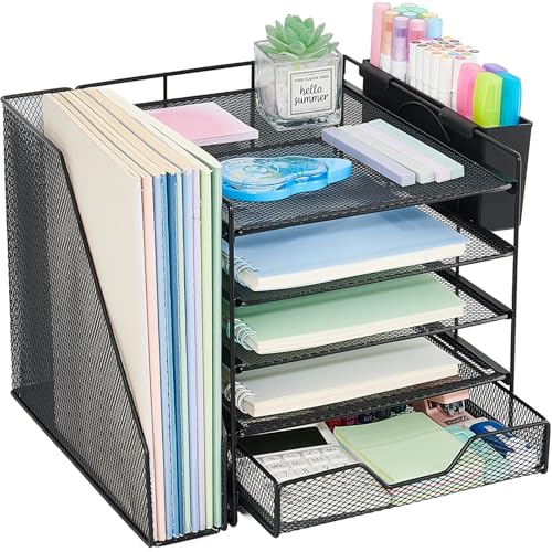 5-Tier Desk File Organizer with Drawer & Pen Holde... (Black | Metal)