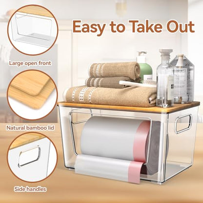 spospo 2 Pack Trash Bag Holder with Bamboo Lid Stackable Trashbag Dispenser | Extra Large Garbage Bag Holder for Kitchen Laundry Room Under Sink Organization and Storage