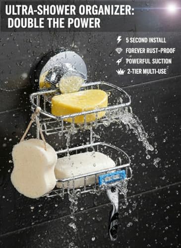 Soap Dish for Shower Suction Cup Powerful Vacuum System Rustproof 304 Stainless Steel Basket Sponges Holder with Razor Hooks for Bathroom or Kitchen Soap Holder, 2 Tier (Silver)