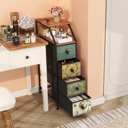 Narrow Dresser Tall Skinny Storage Tower Vertical Slim Chest of Drawers with Charging Station Small Nightstand Side Table for Bedroom, Bathroom, Small Spaces (Retro Flower, 4 Drawers)
