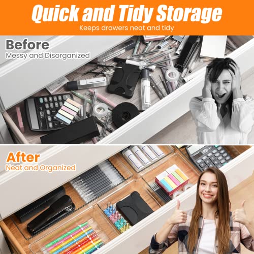6 Pcs Large Size Clear Drawer Organizer Set, Acrylic Non Slip Non Cracking Kitchen Drawer Storage Tray Divider, Multifunctional Storage for Cosmetics, Bathroom, Tools, Kitchen and Office
