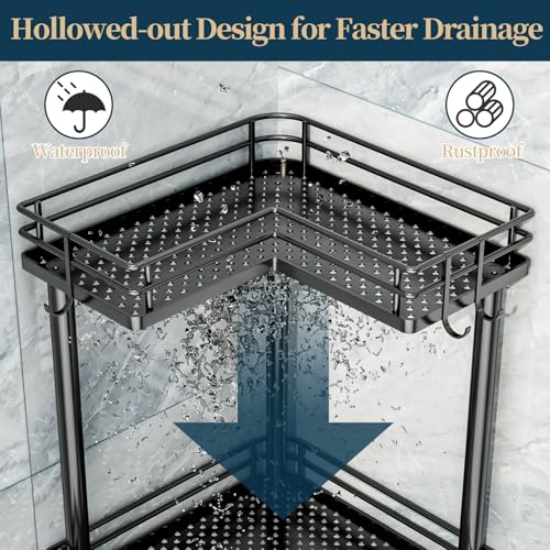 Corner Shower Caddy Standing - 3-Tier Stainless Steel Shower Organizer with Soap Holder and 4 Hooks, Large Capacity Corner Shelf Stand for Bathroom, Rest Room, Black