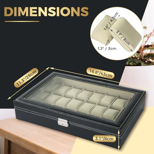 NATGAI Watch Box 24 Slots, Elegant Watch Display Case Glass Top (Beige) | PU Leather Watch Storage Box with Removable Cushion, Lockable Watch Holder Organizer for Men & Women