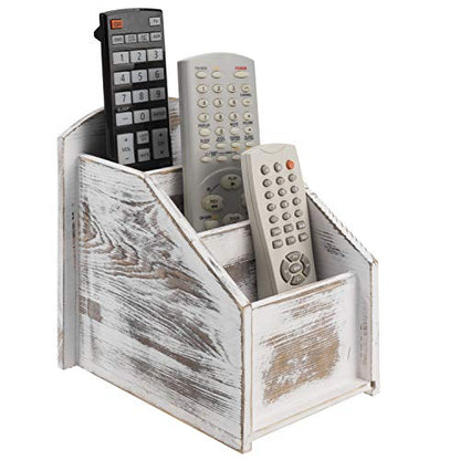 MyGift Whitewashed Wood TV Remote Control Holder with 3 Compartments | Modern Farmhouse Decor, Tabletop Media Remote Caddy/Organizer/Storage Box for Living Room, Coffee Table