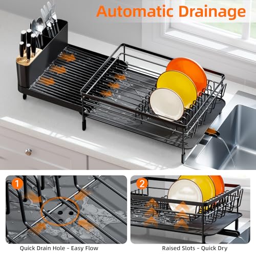 Urackify Extendable Dish Drying Rack, 18.5"-26.7" L x 12.7" W, Black | Multifunctional large dish rack with cup holder and built-in cutlery holder for versatile drying needs