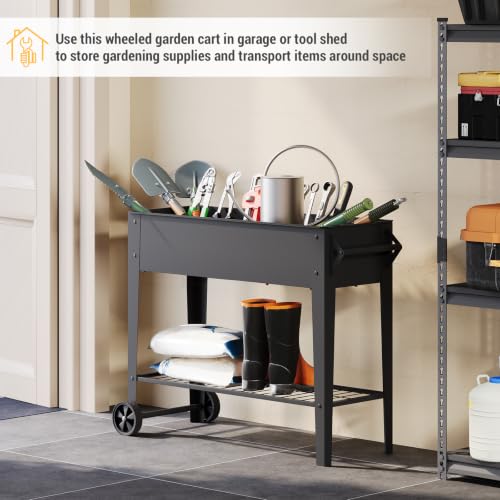 Mobile Raised Garden Bed with Legs and Wheels Metal Elevated Planter Box | 31.9" Tall with Handles Lower Storage Shelf & 5 Drain Holes for Vegetables Herbs Flowers,Garden Patio Balcony Backyard Garage