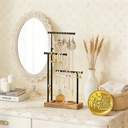 SRIWATANA Carbonized Black Jewelry Organizer Stand, Tall Necklace Holder | 3-Tier 360° Rotating Tall Jewelry Tree with Adjustable Height for Necklaces, Earrings, Bracelets, and Ring Tray