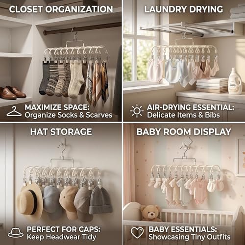 2 Pack Pants Hangers with 40 Clips, Stainless Steel Space Saving Closet Organizer for Hats Leggings Jeans, Dual Row Hangers for Dorm Room Essentials (Off-White)