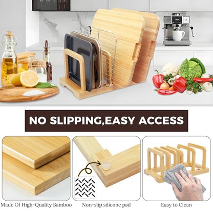 MinBoo Bamboo 5-Slot Adjustable Cutting Board Rack & Bakeware Organizer with Non-Slip Pads for Kitchen Storage,Small