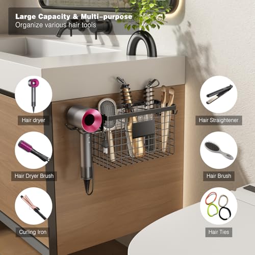 Hair Dryer Holder Cabinet Door, Adhesive Hair Tool Organizer Wall Mount Adjustable Height Blow Dryer Holder Under Sink/Countertop for Flat Curling Iron, Hair Brush and Straightener (1, Black)