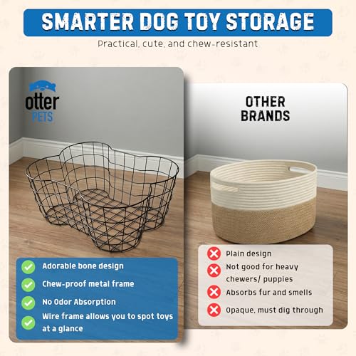 OtterPets Metal Dog Toy Basket Bone Shaped Indestructible Dog Toy Bin 17x13 | 17" long, 13" wide, 7" tall, metal wire dog storage organizer, dog toy bin, dog toy box, pet toy basket, dog toy storage