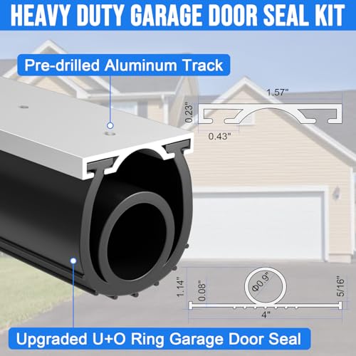 8 FT Garage Door Seal Bottom Kit - Heavy Duty EPDM Rubber U+O Ring Weather Stripping with Pre-drilled Aluminum Track, Universal Replacement Stops Rain, Drafts & Pests, Easy to Install