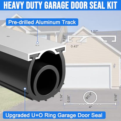 8 FT Garage Door Seal Bottom Kit - Heavy Duty EPDM Rubber U+O Ring Weather Stripping with Pre-drilled Aluminum Track, Universal Replacement Stops Rain, Drafts & Pests, Easy to Install