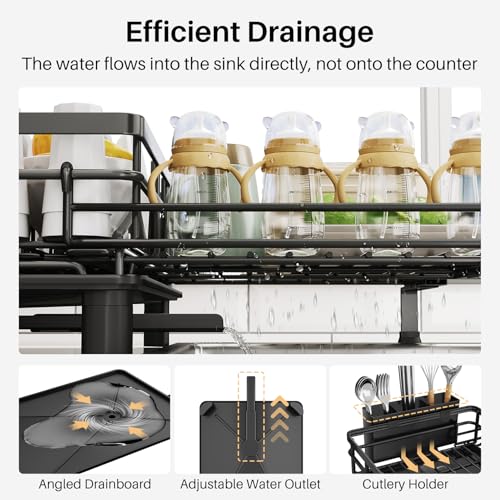 Expandable Dish Drying Rack for Kitchen Counter, Stainless Steel, Black | Foldable Over Sink, Large Capacity, Adjust to Fit Most Sinks, Angled Drainboard, Removable Utensil Holder, Slip Resistant