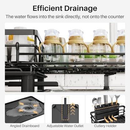 Expandable Dish Drying Rack for Kitchen Counter, Stainless Steel, Black | Foldable Over Sink, Large Capacity, Adjust to Fit Most Sinks, Angled Drainboard, Removable Utensil Holder, Slip Resistant