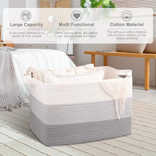 OIAHOMY Extra Large Blanket Basket, 95L Cotton Rope Woven Laundry Basket, Toy Bin for Baby Room, Container for Blanket Storage in Living Room, 24''×17''×14'', Gradient Grey