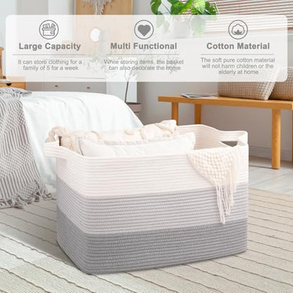 OIAHOMY Extra Large Blanket Basket, 95L Cotton Rope Woven Laundry Basket, Toy Bin for Baby Room, Container for Blanket Storage in Living Room, 24''×17''×14'', Gradient Grey