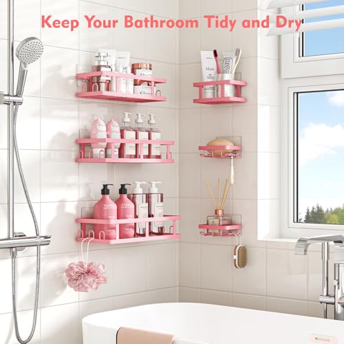 Pink Shower Caddy 6 Pack, Adhesive Shower Shelves | Pink Bathroom Decor, No Drilling, Rustproof, Large Capacity, 6 Adhesives, 24 Built-in Hooks, Dorm Apartment