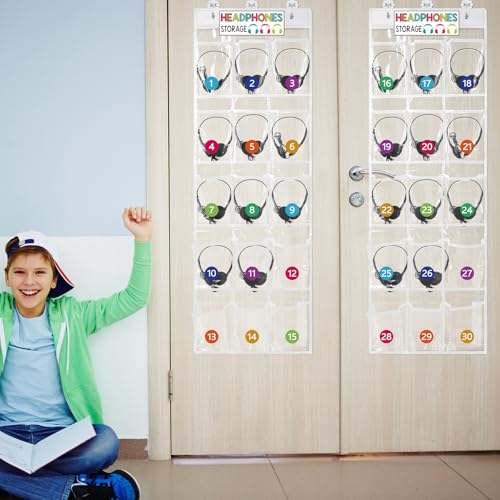 2 Pack Classroom Headphone Storage Organizer 30 Pockets PVC Clear Classroom Pocket Chart over The Door Hanging Headphone Holder Storage with Digital Stickers for Library Door Hanger(White)
