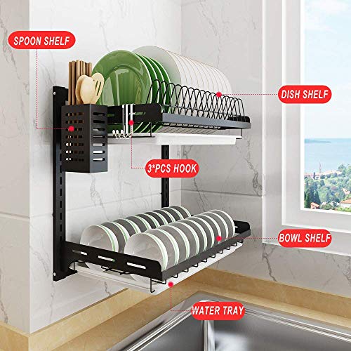 junyuan Kitchen Dish Rack,Hanging Dish Drying Rack Organizer Storage Shelf Over Sink,2 Tier Wall Mount Bowl Holder with Drain Tray and Silverware Stainless Steel Black Coating Ajustable Height