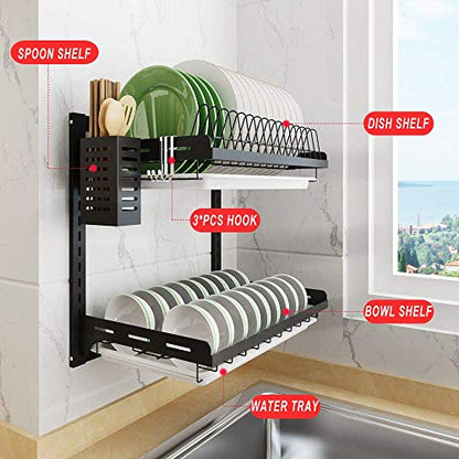 junyuan Kitchen Dish Rack,Hanging Dish Drying Rack Organizer Storage Shelf Over Sink,2 Tier Wall Mount Bowl Holder with Drain Tray and Silverware Stainless Steel Black Coating Ajustable Height