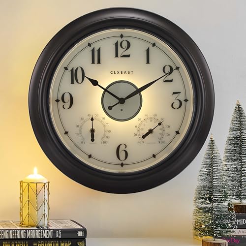 18 Inch Large Illuminated Outdoor Clocks Waterproof, Bronze Black | Built In Adjustable Thermometer & Hygrometer, IP65 Weatherproof, Accurate & Easy to Read for Patio,Pool & Home Decor