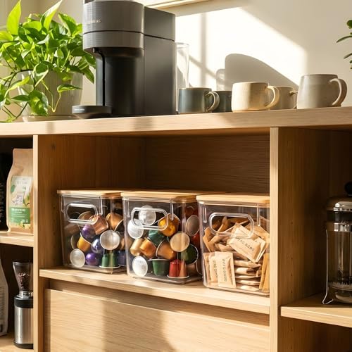 3 PACK Coffee Pod Holder K Cup Organizer Large Capacity Clear Storage Container Bins with Bamboo Lids for Coffee Bar Organization and Storage