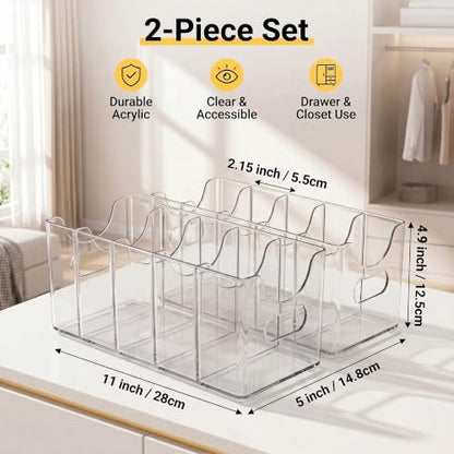 Clear Acrylic Belt Organizer 2 Pack, Stackable Belt Holder with 5 Removable Dividers & Built-in Handles, Multi-Purpose Drawer Closet Storage Display Bin for Belts, Ties, Socks, Underwear