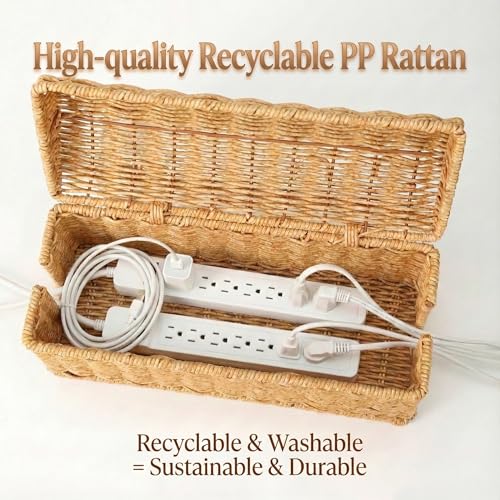 Rattan Cable Management Box, Ventilated Cord Hider with Flip Lid | Hand Woven Craft, Ventilated Heat Dissipation, Easy Access Protective Curved Flip Lid, Boho Woven Decor for Home and Office