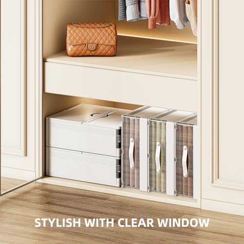 Plastic Bed Sheet Organizers and Storage 4 Pack Sheet Set Storage Organizer, Foldable Linen Closet Organizer with Window, Lockable Storage Bins for for Bedding Sheets, Duvet Covers, Blankets