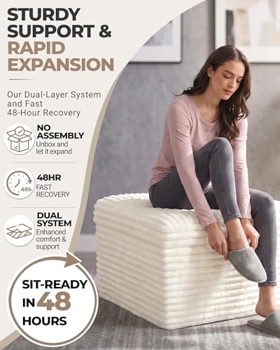 23.6in Pouf Ottoman, Corduroy Footstool Foot Rest Seating, Beige | Dual-layer support poofy pouf with soft chunk-foam top & firm foam base. Ideal floor foot stool & seating for living room
