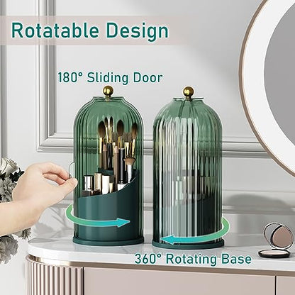 GAXmi Makeup Brush Holder with Lid Rotating Cosmetic Organizer, All Green | 360 Rotation, Waterproof, Dustproof, Moistureproof