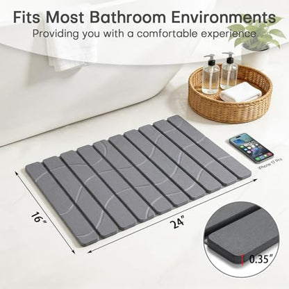 Foldable Stone Bath Mat, Non Slip Large Diatomaceous Shower Mat, Super Absorbent Quick Drying Stone Mat for Bathroom Kitchen Floor Counter Sink,Easy to Clean & Store (24" x 16" Dark Gray)