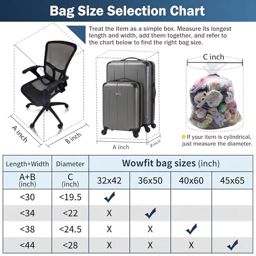 Wowfit Extra Large Storage Bags for Car Seat & Luggage, 40x60, 5 CT, 2 Mil | With Ties & Labels, Clear Flat Plastic, Thick, Patio Cushions, Baby Gear, Christmas Decor, Plants, Attic, Garage, Dust Cover