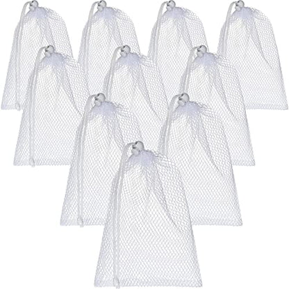 TecUnite 10 Pcs Mesh Laundry Bags with Drawstring Multicolor Mesh Sack Bag Nylon Gift Dishwasher Bag with Sliding for Storage Clothes Socks Jewelry Gifts Toys Fruit(11.8 x 7.5 Inch,White)