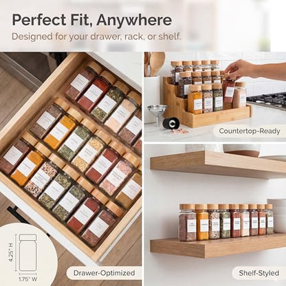 SAVVY & SORTED Glass Spice Jars with Label, 24PK Bamboo Jar Spices Set 4oz, 374 Spice Labels, Pepper Grinder, Empty Herb Seasoning Containers, Funnel and Shaker Lids