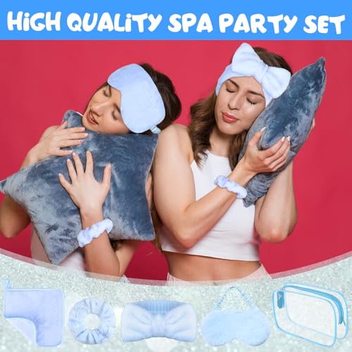 30 Pcs Spa Sleepover Party Supplies 6 Bow Makeup Headband 6 Plush Sleep Eye Mask 6 Velvet Scrunchies 6 Makeup Remover Cloth 6 Clear Cosmetic Bags for Women Slumber Party Favors (Blue)