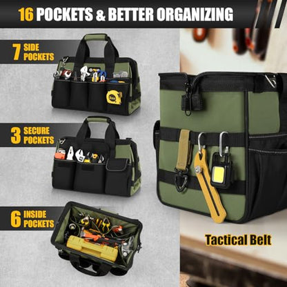 UUP Heavy Duty Tool Bag 15Inch, 16-Pocket Portable Empty Tool Box Organizer | Big Storage Toolbox Organization, Soft Handle Large Zipper Carrying Toolbag, Father Day Gifts for Him Dad Men, Green