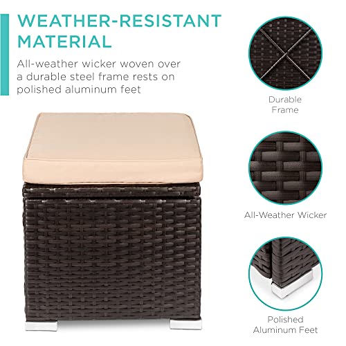 Best Choice Products Set of 2 Wicker Ottomans, Multipurpose Outdoor Furniture for Patio, Backyard, Additional Seating, Footrest, Side Table w/Storage, Removable Cushions - Brown/Beige
