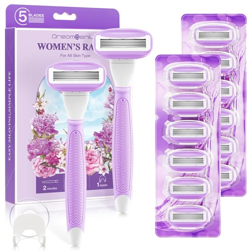 Razors for Women with 2 Handles 14 Cartridges and a Shower Holder, Purple | 5 Premium Blades Women's Razors for Shaving with 360° Lubrication Reduces Irritation