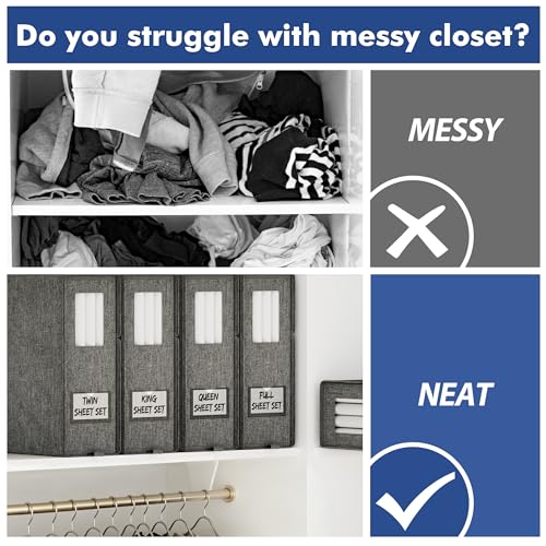 Furnhome Bed Sheet Organizers and Storage 4 Pack for Linen Closet, Foldable Sheet Set Holder with Window & Labels, Stackable Bedding Storage Boxes for Sheets, Duvet Covers, Blankets