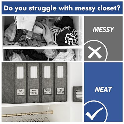 Furnhome Bed Sheet Organizers and Storage 4 Pack for Linen Closet, Foldable Sheet Set Holder with Window & Labels, Stackable Bedding Storage Boxes for Sheets, Duvet Covers, Blankets