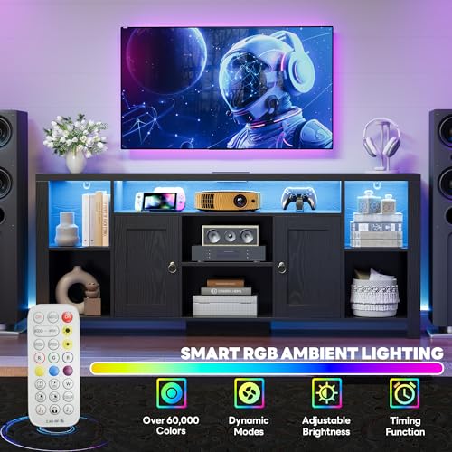LIKIMIO 70" TV Stand for TVs up to 80", LED Entertainment Center, Black | Built-in Power Outlet, LED Lights, Wood Finish, 2 Storage Cabinets, Adjustable Shelves, TV Console for Living Room