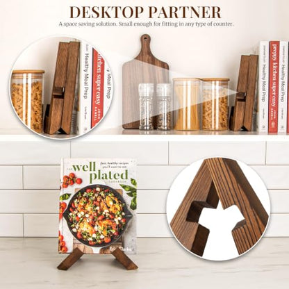 Cookbook Stand for Kitchen, Recipe Book Holder for Kitchen Counter | Wooden Cookbook Holder, Rustic Cook Book Holder Stand - Rustic Brown - 1 Set
