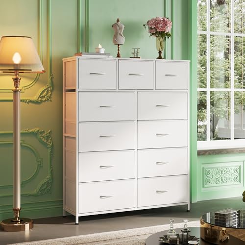 WLIVE Tall Dresser for Bedroom, 11 Drawer Chest of Drawers, White | 11 fabric storage drawers, Tall high-capacity design, Bedroom or dorm use, Sturdy steel frame, Smooth wood tabletop